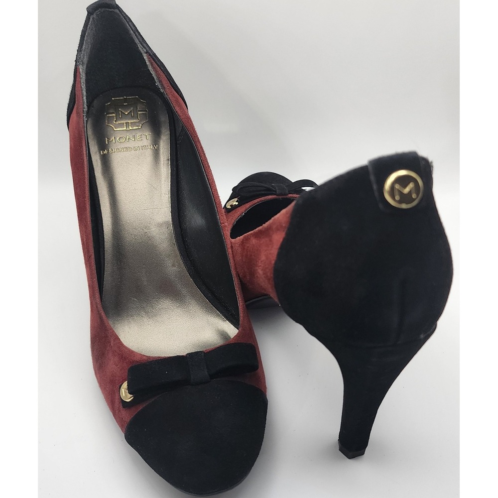 Monet Burgundy Black Suede Colorblock Bow Pumps Heels Size 8.5 M 19963-8